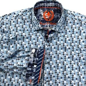 Au Noir Shirt Mens Large Blue Gray Medallion Geometric Circle Logo Long Sleeve